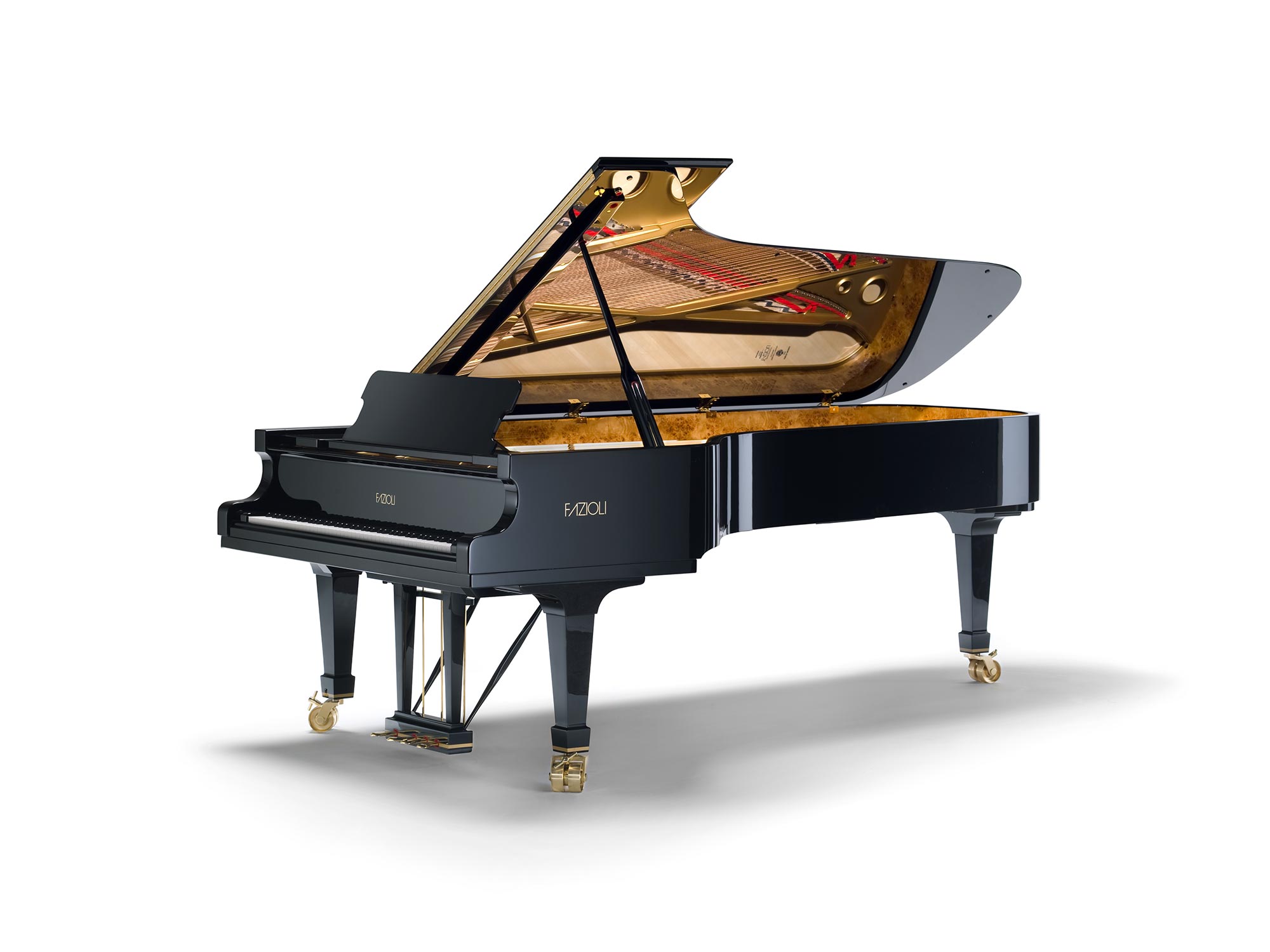 Piano de cola de concierto Fazioli F308 con la tapa abierta