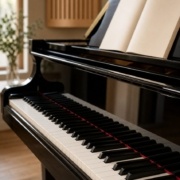 Piano de cola preparado para una lección sobre formación de acordes