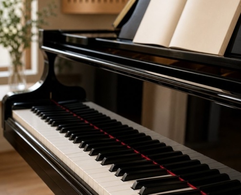 Grand piano prepared for a lesson on how chords are built