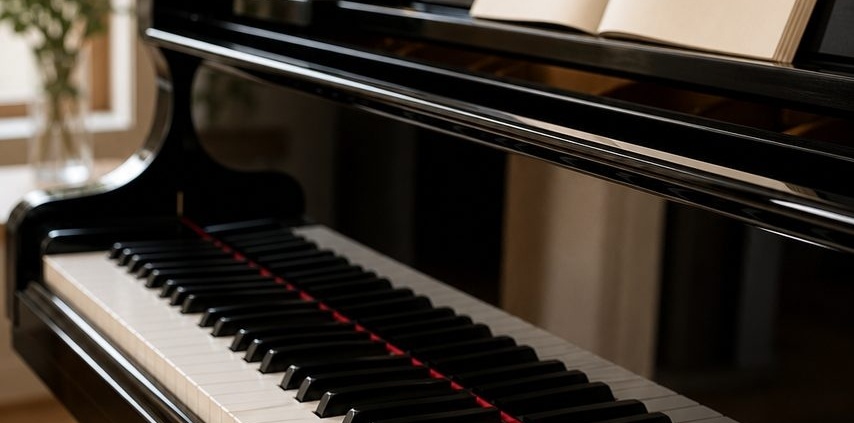 Grand piano prepared for a lesson on how chords are built