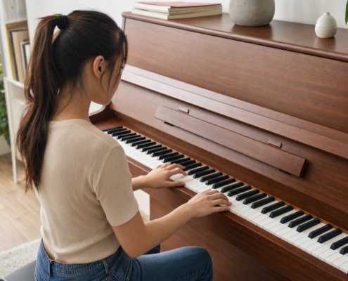 Young woman practising major scales on an upright piano