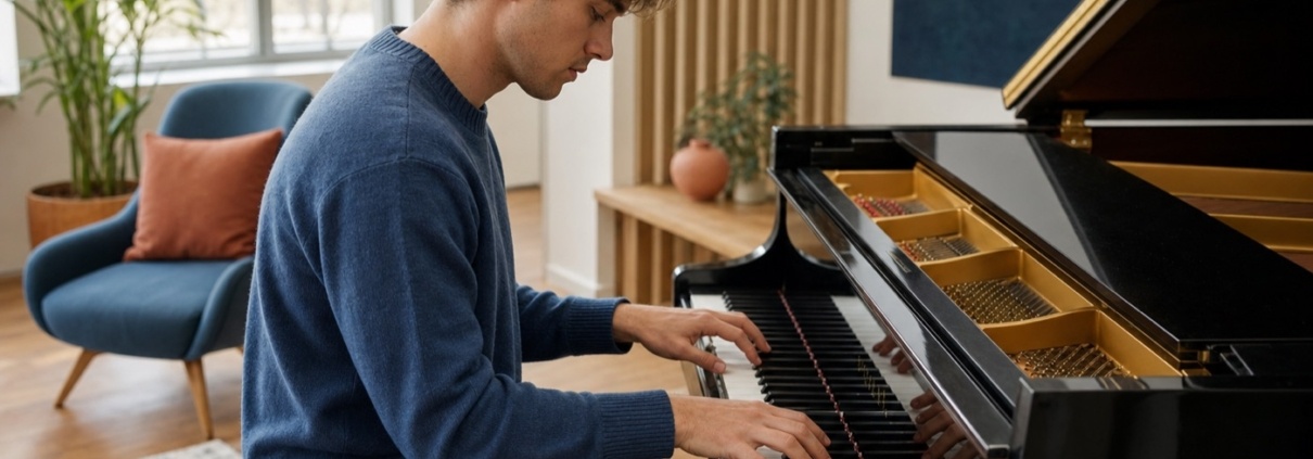 Joven pianista practicando escalas menores en un piano de cola
