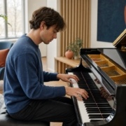 Joven pianista practicando escalas menores en un piano de cola