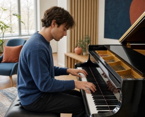 Young pianist practising minor scales on a grand piano