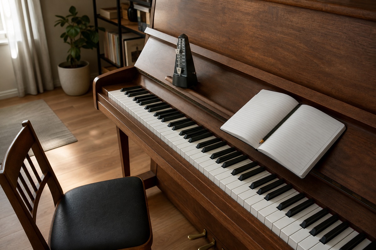 Piano vertical preparado para practicar escalas mayores con metrónomo