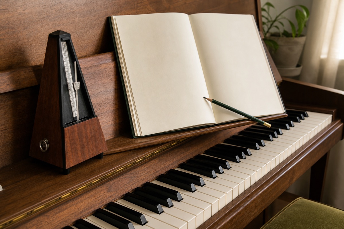 Piano preparado con metrónomo y cuaderno para practicar escalas menores