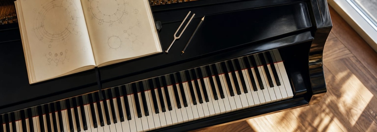 Circle of fifths for pianists: musician studying harmonic relationships at the piano