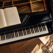 Círculo de quintas para pianistas representado junto a un piano de cola y un cuaderno de estudio