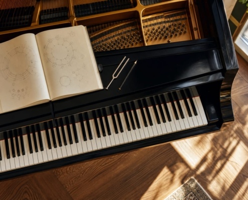Circle of fifths for pianists: musician studying harmonic relationships at the piano