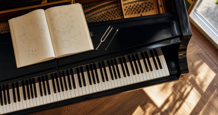 Círculo de quintas para pianistas representado junto a un piano de cola y un cuaderno de estudio