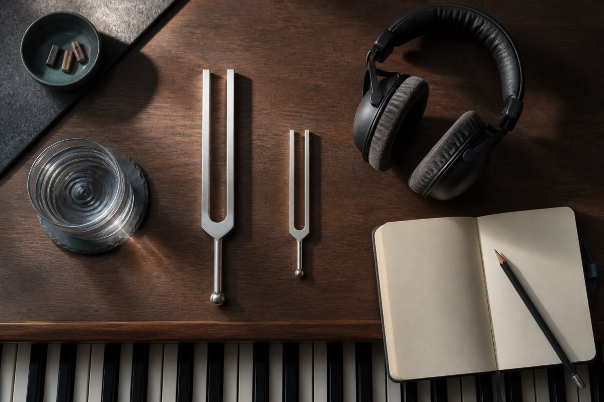 Dos diapasones y unos auriculares para practicar el reconocimiento de intervalos