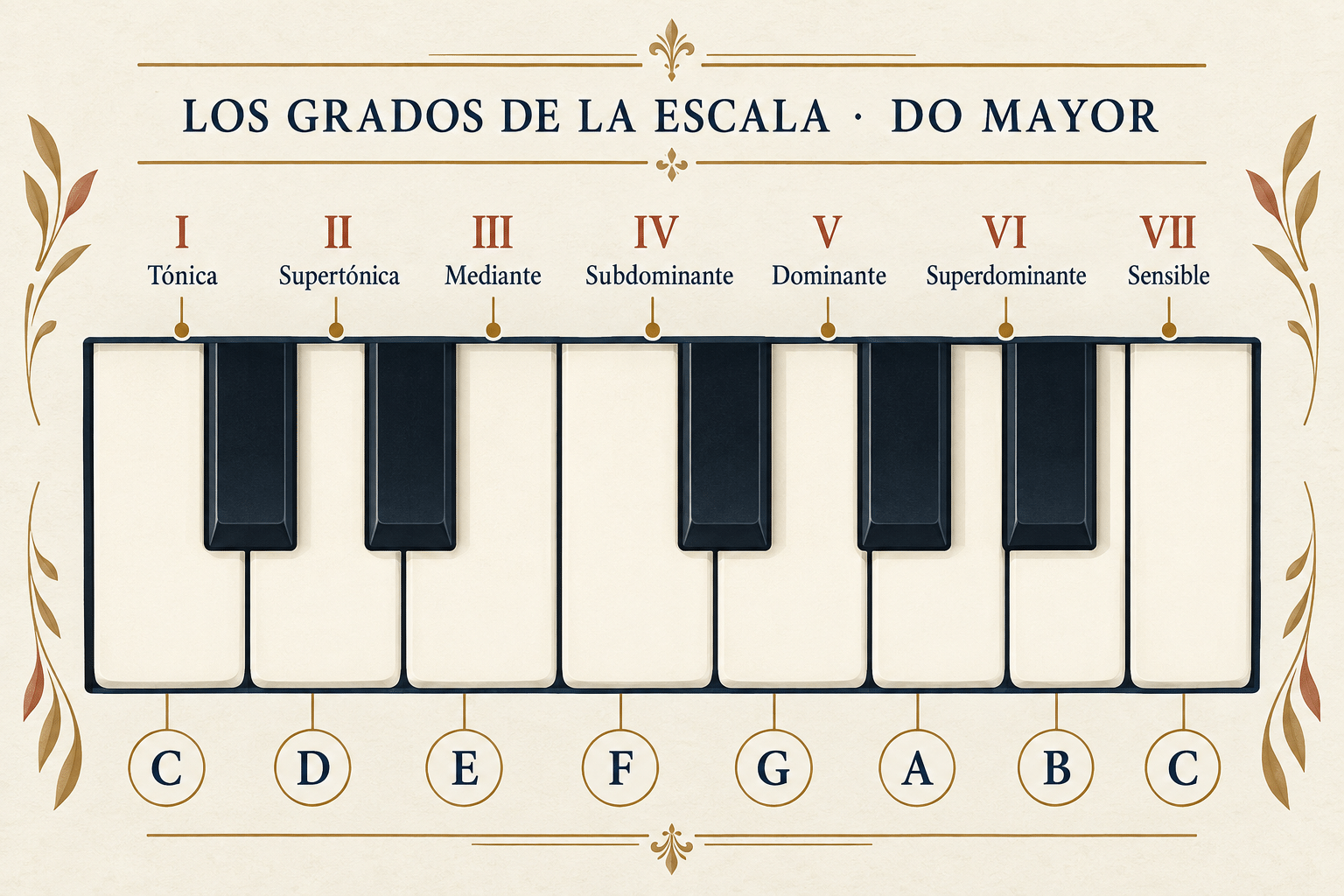 Grados de la escala y funciones tonales en do mayor sobre el teclado