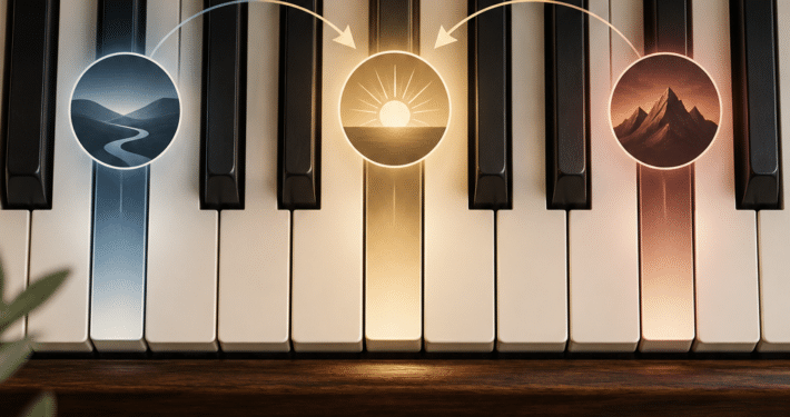 Grados de la escala y funciones tonales en el piano representados sobre un teclado