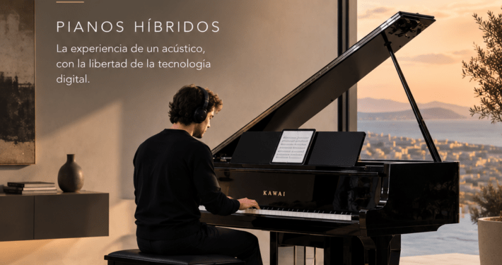 Piano híbrido para casa: estudiante practicando con auriculares