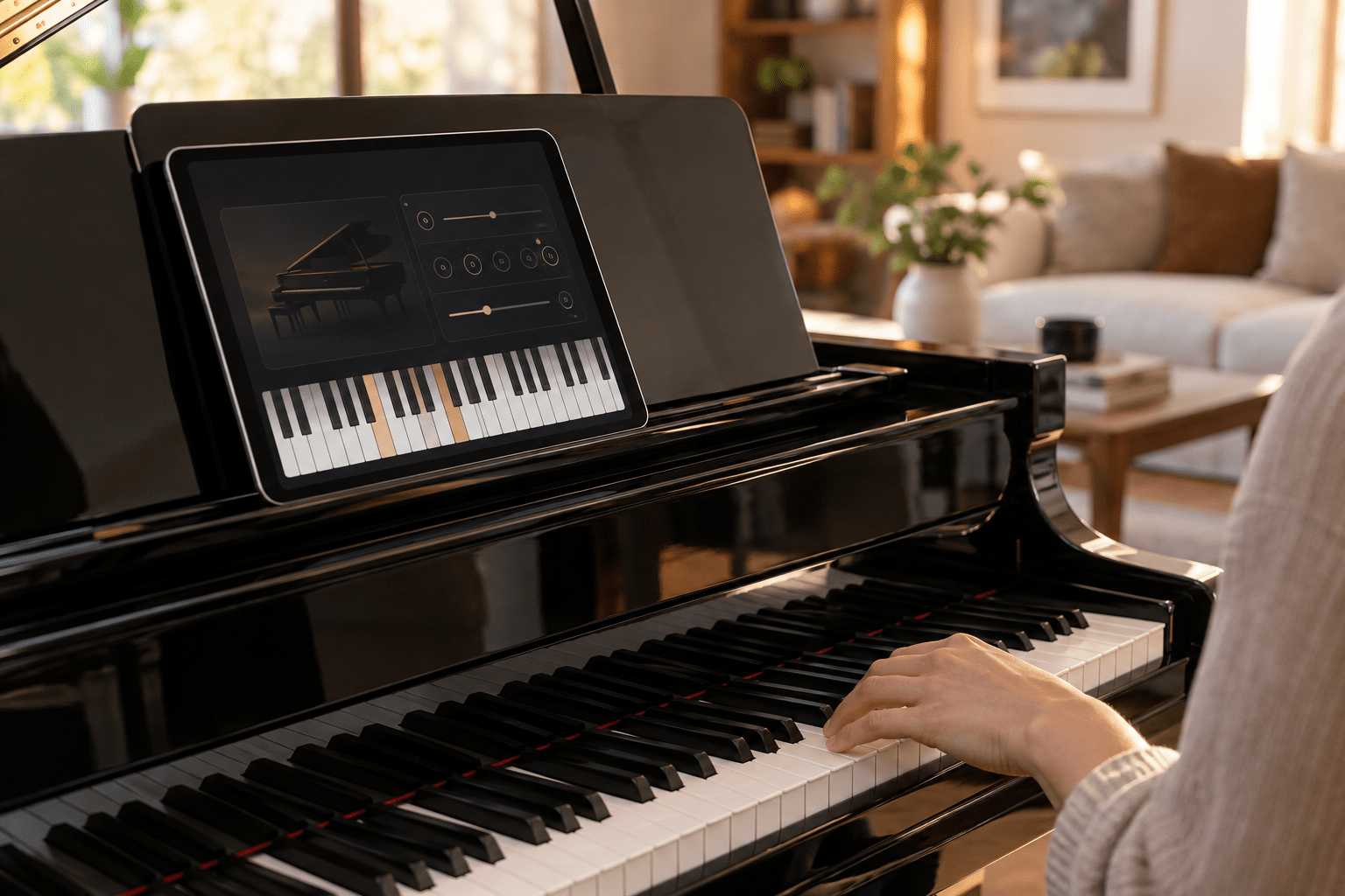 Hybrid piano for home with a tablet for study functions