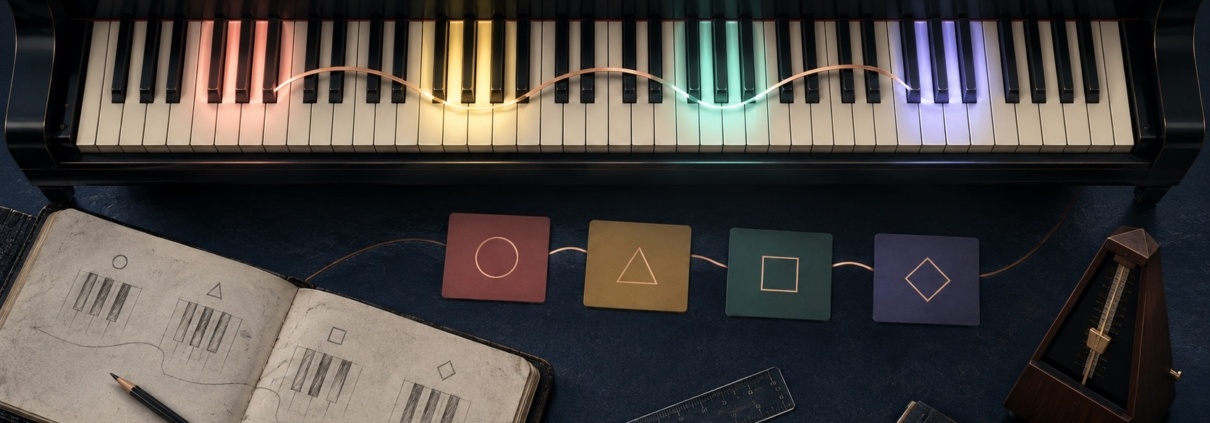 Teclado de piano con cuatro zonas de color conectadas que representan un recorrido de progresiones de acordes