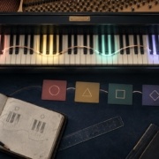 Teclado de piano con cuatro zonas de color conectadas que representan un recorrido de progresiones de acordes