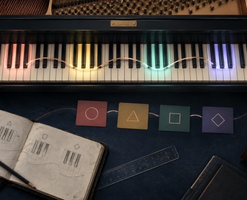 Teclado de piano con cuatro zonas de color conectadas que representan un recorrido de progresiones de acordes