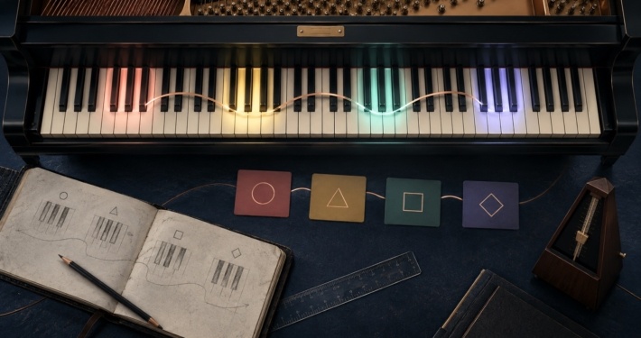 Teclado de piano con cuatro zonas de color conectadas que representan un recorrido de progresiones de acordes