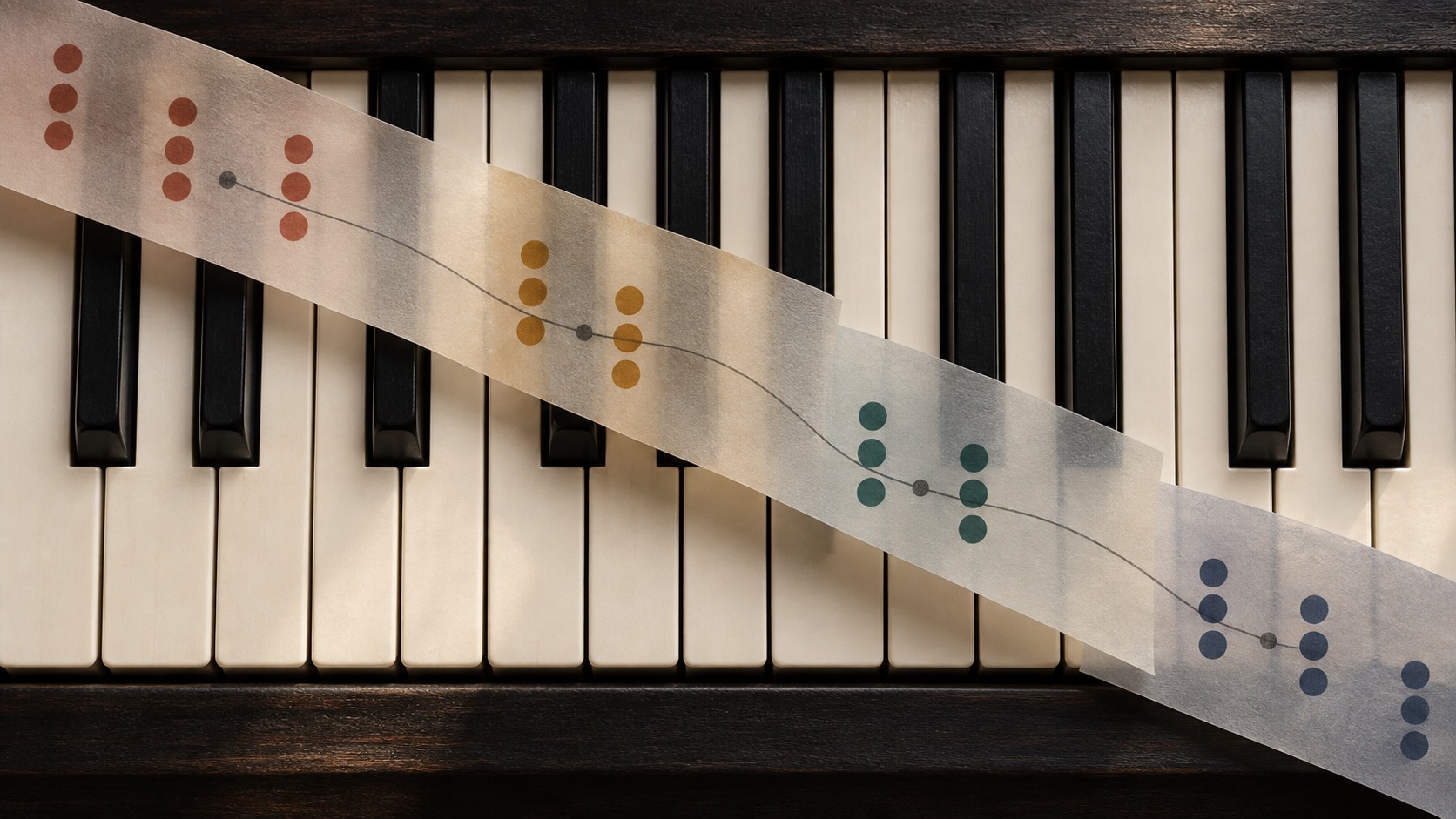 Tiras translúcidas con grupos de puntos de colores trazan cambios de acordes sobre un teclado de piano