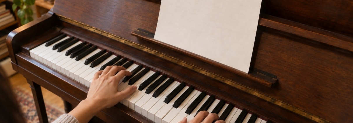 Pianist reading piano chord symbols C, G/B, Am7 and Fadd9 on a sheet beside the keyboard