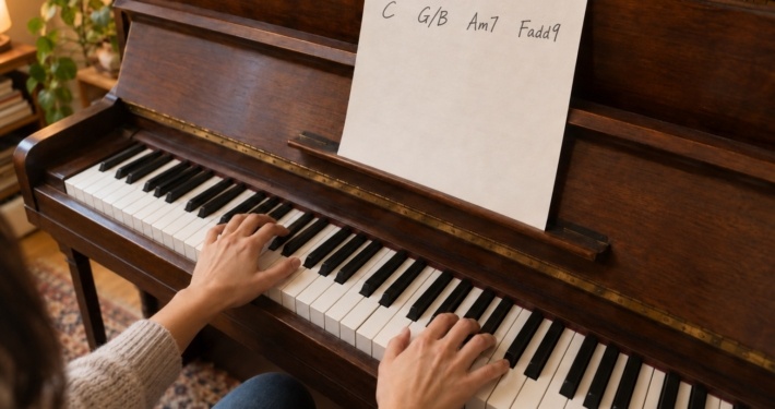 Pianista leyendo cifrado de acordes en el piano, con C, G/B, Am7 y Fadd9 en una hoja